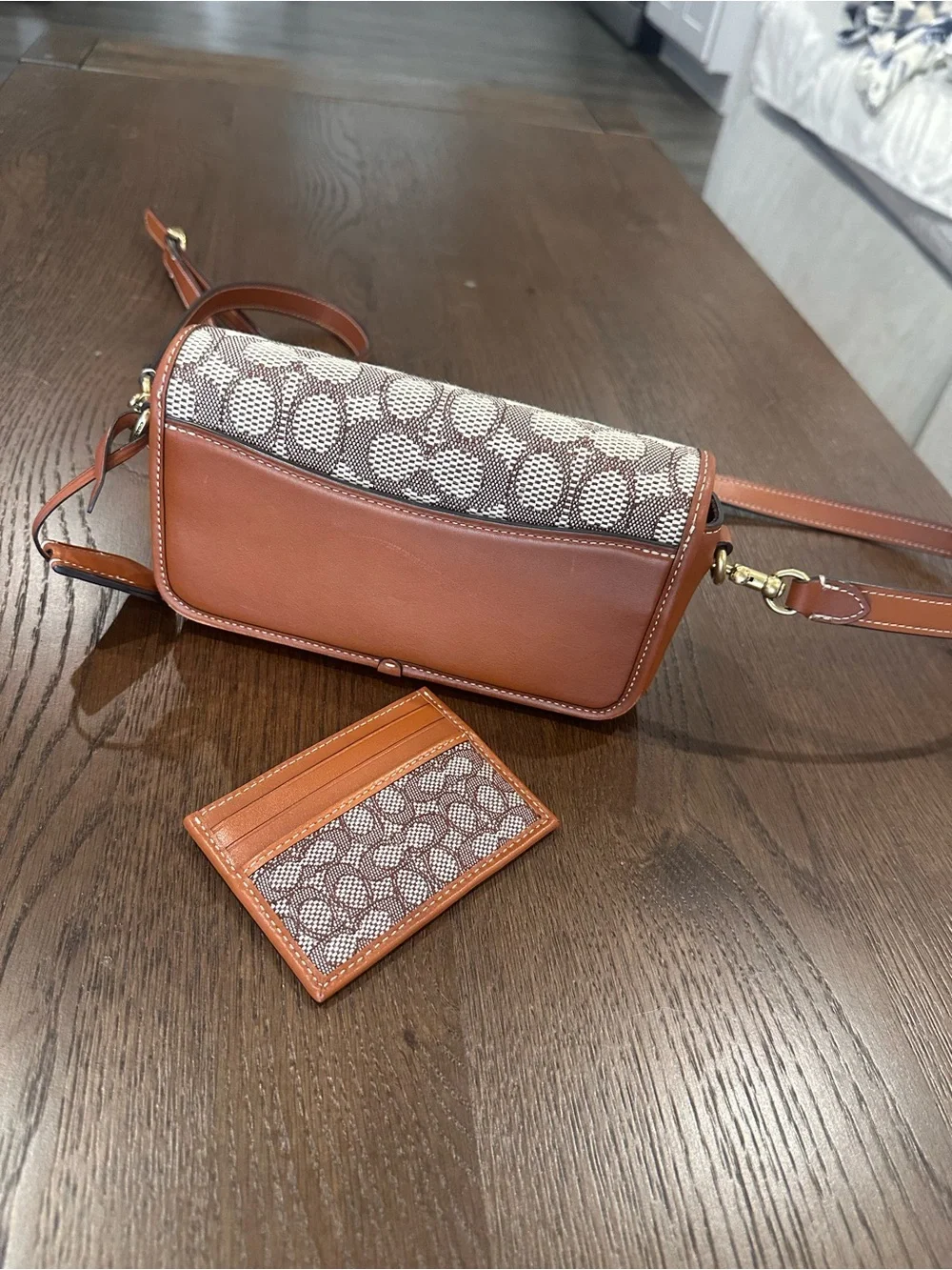 Coach Beige Signature Canvas Crossbody with Tan Leather Trim